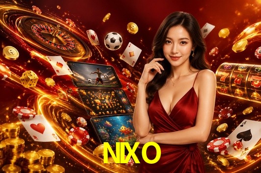 Una escena digital vívida inspirada en casino con NIXO mostrado prominentemente, luces brillantes, fichas, cartas y acentos dorados.